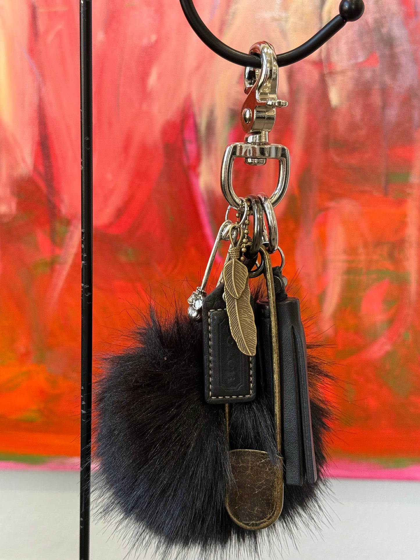 Upcrafted Coach Bag Charm Cluster | Repurposed Coach Tassel, Hangtag, Faux Fur Pom Pom, Feather & Safety Pin Charms