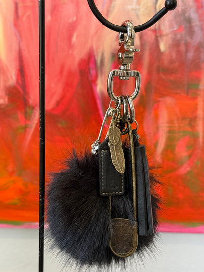 Upcrafted Coach Bag Charm Cluster | Repurposed Coach Tassel, Hangtag, Faux Fur Pom Pom, Feather & Safety Pin Charms
