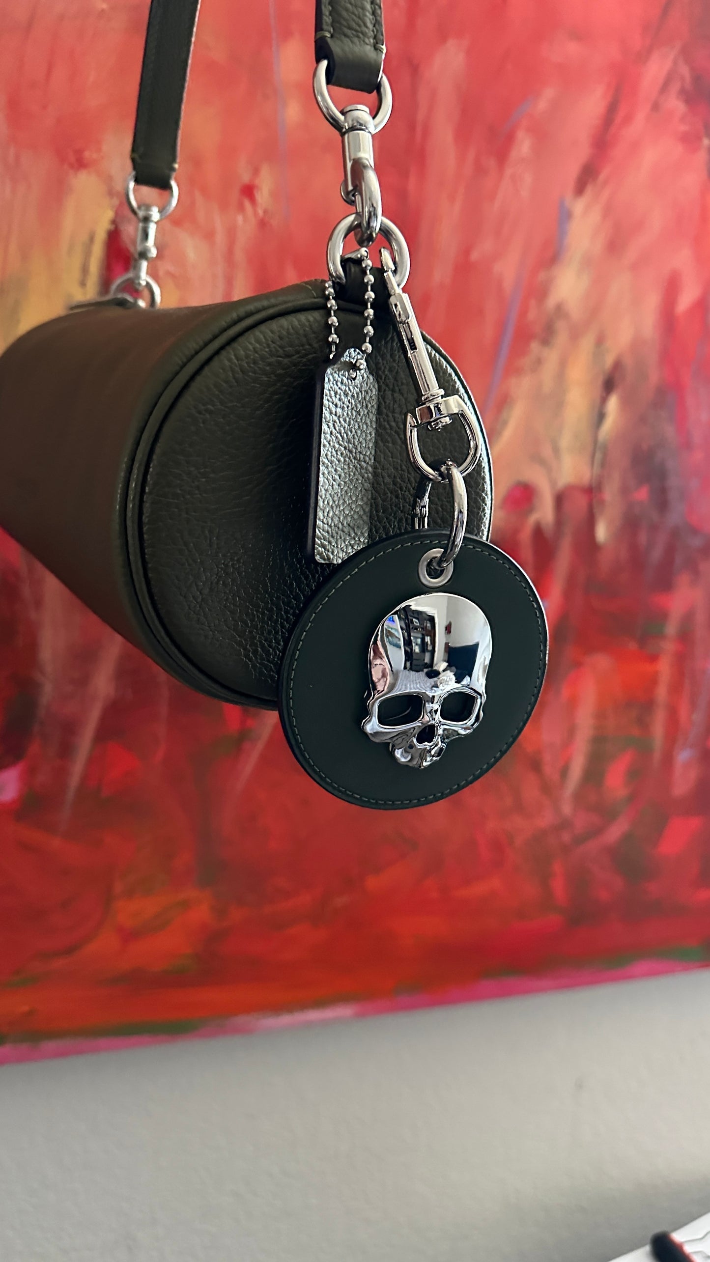 Repurposed Coach Coaster Bag Charm Olive Leather with Chrome Skull