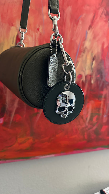 Repurposed Coach Coaster Bag Charm Olive Leather with Chrome Skull