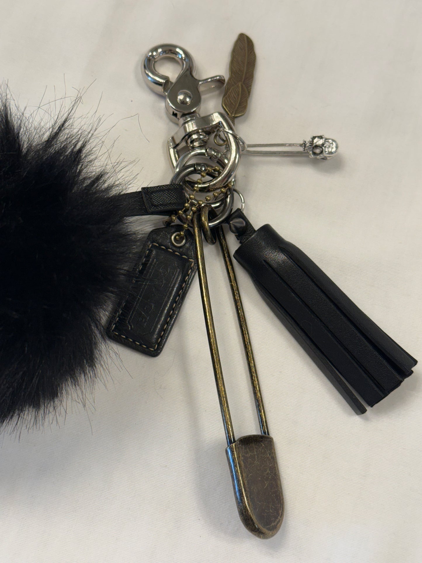 Upcrafted Coach Bag Charm Cluster | Repurposed Coach Tassel, Hangtag, Faux Fur Pom Pom, Feather & Safety Pin Charms