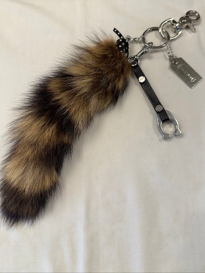 One-of-a-Kind Upcrafted Bag Charm Cluster | Faux Fur Raccoon Tail, Coach Tic Tac Toe "C" & Silver Coach Hangtag