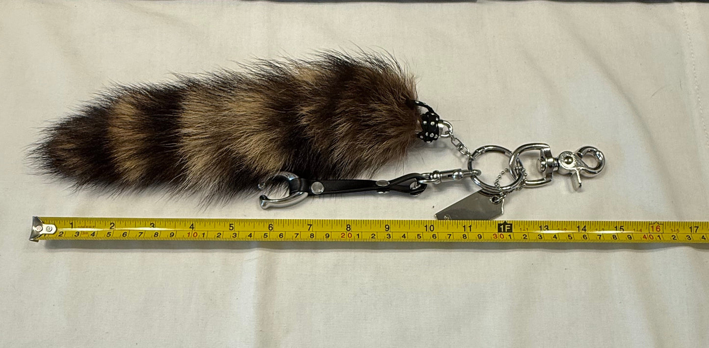 One-of-a-Kind Upcrafted Bag Charm Cluster | Faux Fur Raccoon Tail, Coach Tic Tac Toe "C" & Silver Coach Hangtag