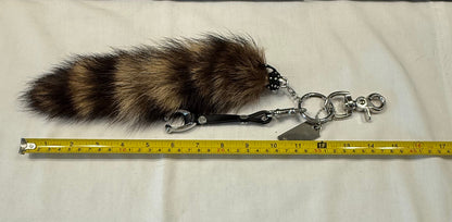 One-of-a-Kind Upcrafted Bag Charm Cluster | Faux Fur Raccoon Tail, Coach Tic Tac Toe "C" & Silver Coach Hangtag