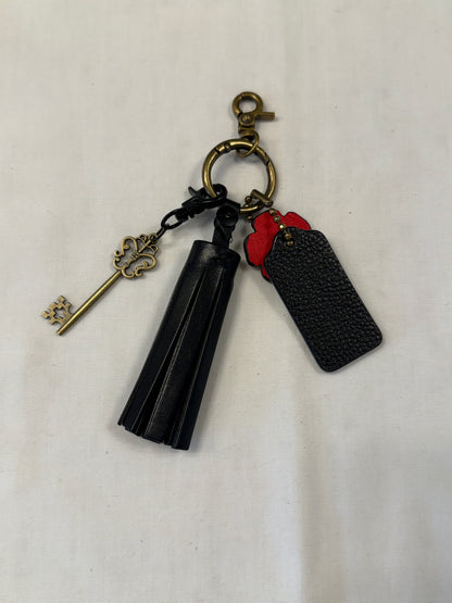 One-of-a-Kind Upcrafted Coach Bag Charm Cluster | Black Leather Tassel, Tea Rose, Hangtag & Key Charm