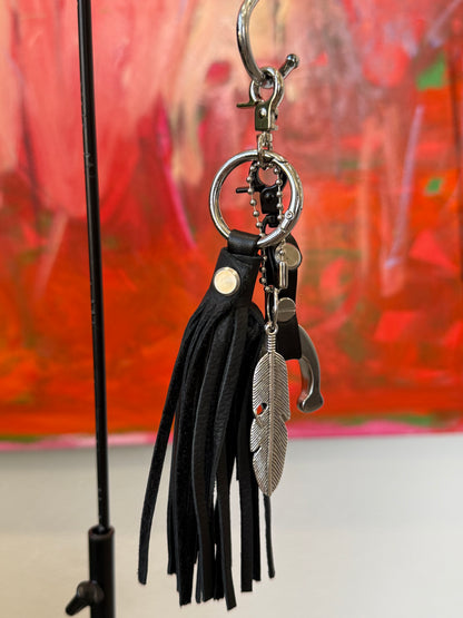 Upcrafted Bag Charm Cluster | Repurposed Coach Tic Tac Toe "C", Silver Feather & Black Pebbled Leather Tassel