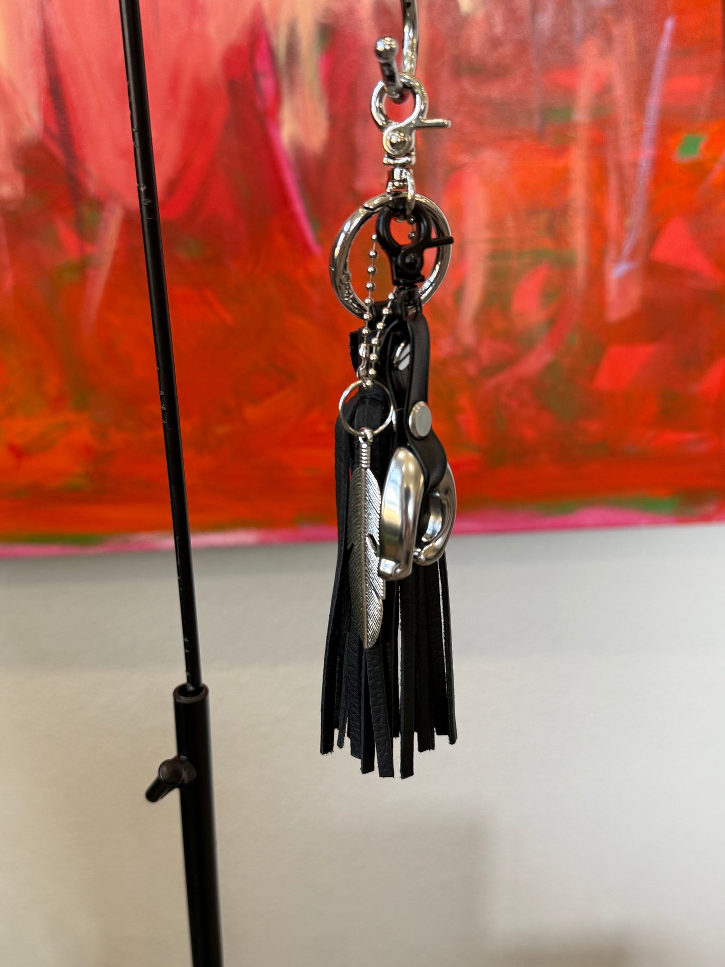 Upcrafted Bag Charm Cluster | Repurposed Coach Tic Tac Toe "C", Silver Feather & Black Pebbled Leather Tassel