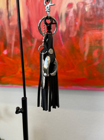 Upcrafted Bag Charm Cluster | Repurposed Coach Tic Tac Toe "C", Silver Feather & Black Pebbled Leather Tassel