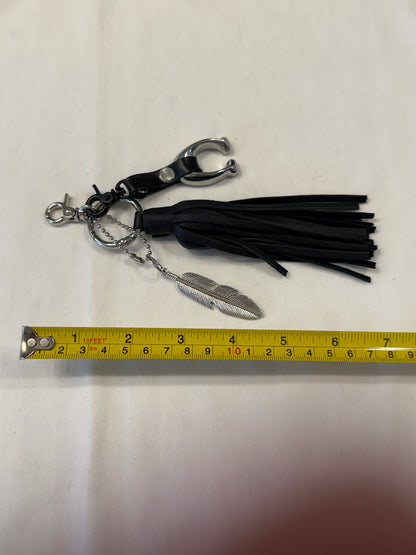 Upcrafted Bag Charm Cluster | Repurposed Coach Tic Tac Toe "C", Silver Feather & Black Pebbled Leather Tassel