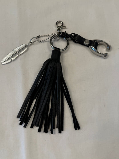 Upcrafted Bag Charm Cluster | Repurposed Coach Tic Tac Toe "C", Silver Feather & Black Pebbled Leather Tassel