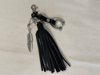 Upcrafted Bag Charm Cluster | Repurposed Coach Tic Tac Toe "C", Silver Feather & Black Pebbled Leather Tassel