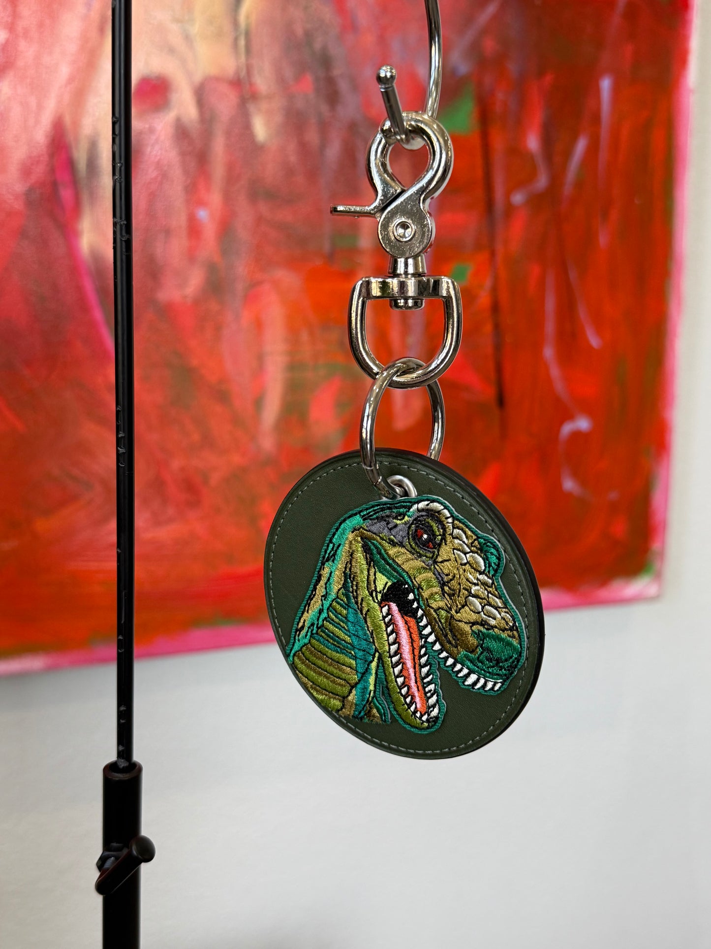 One-of-a-Kind Upcrafted Coach Coaster Bag Charm | Olive Leather with T-Rex Patch