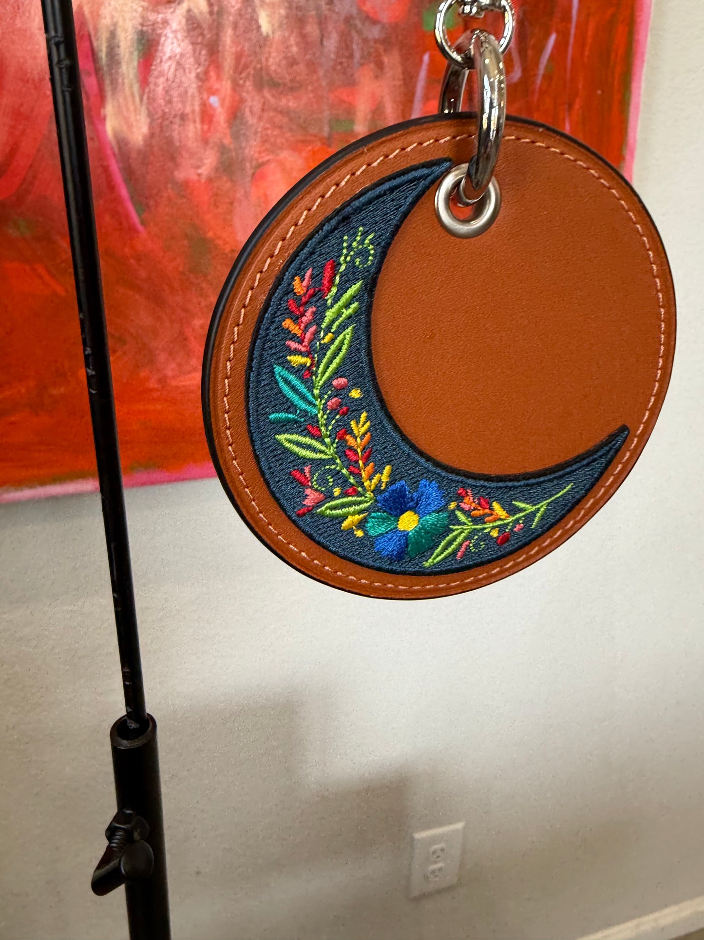 Repurposed Coach Coaster Bag Charm | Orange Leather with Moon Patch