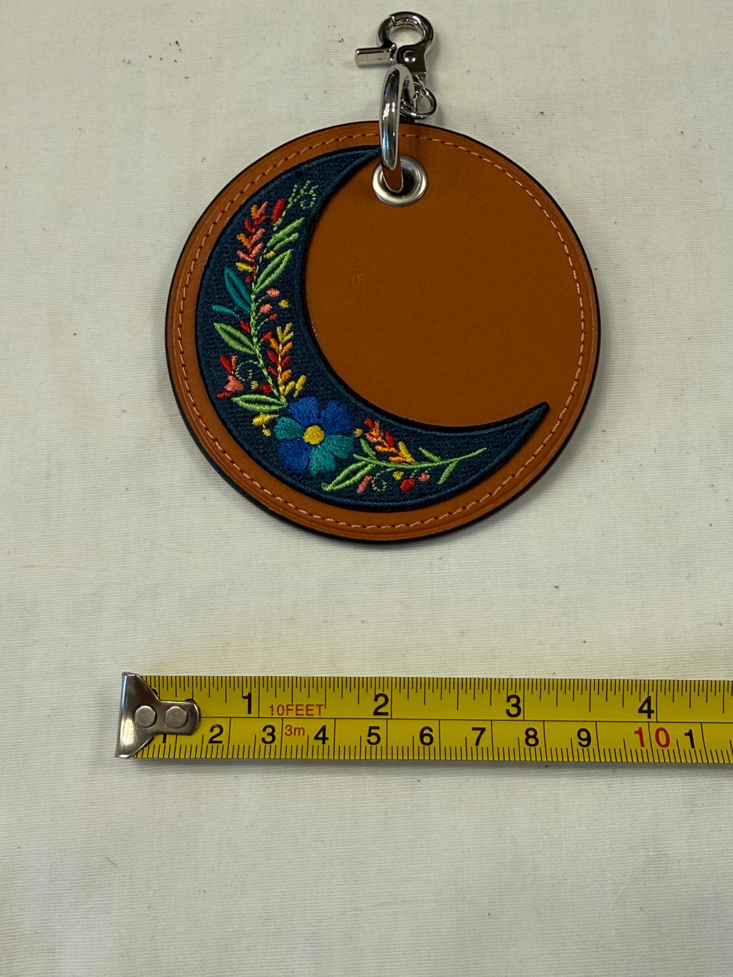 Repurposed Coach Coaster Bag Charm | Orange Leather with Moon Patch
