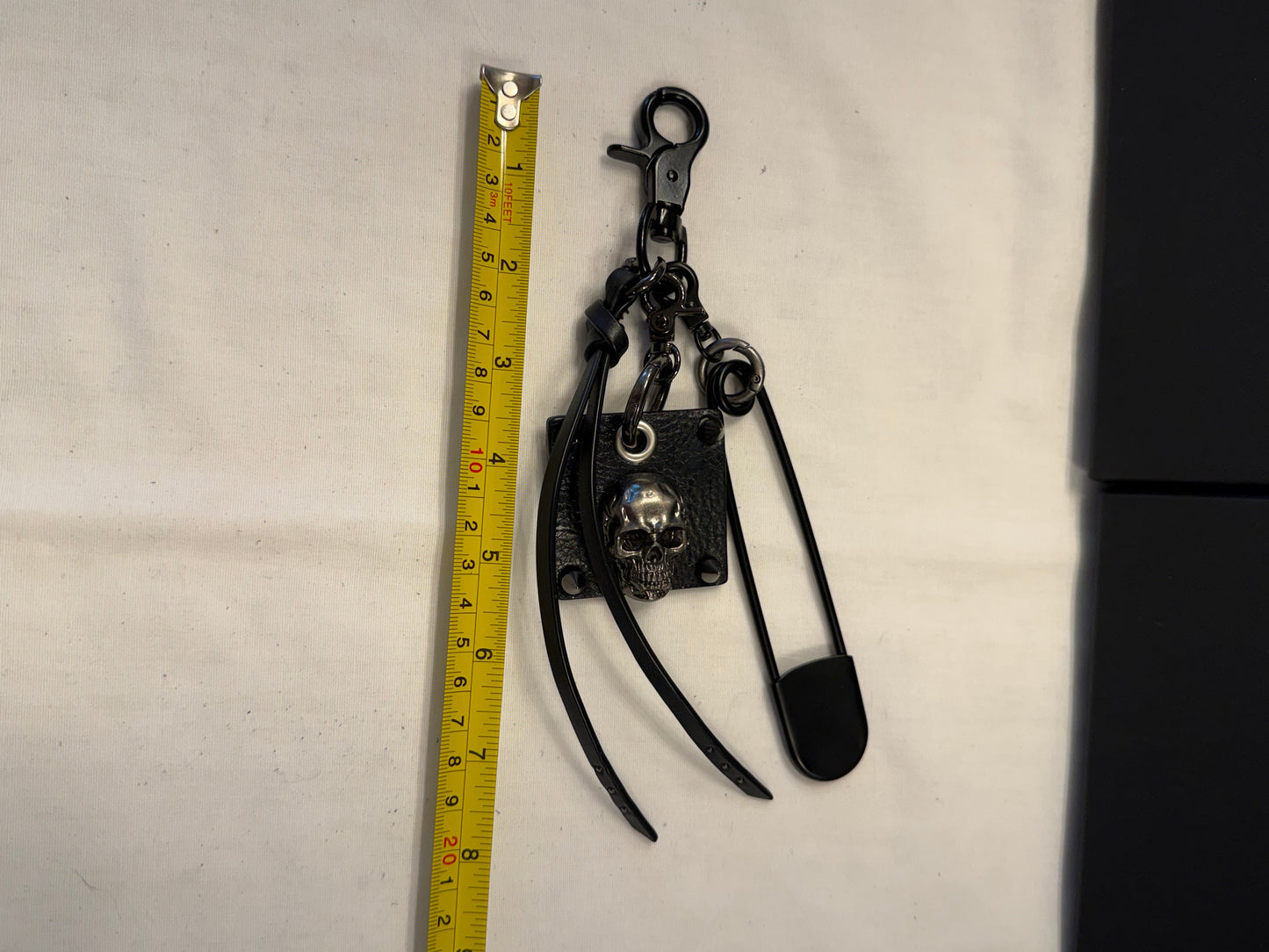 Upcrafted Bag Charm Cluster | Repurposed Leather Cord/Tassel, Skull Charm & XL Safety Pin