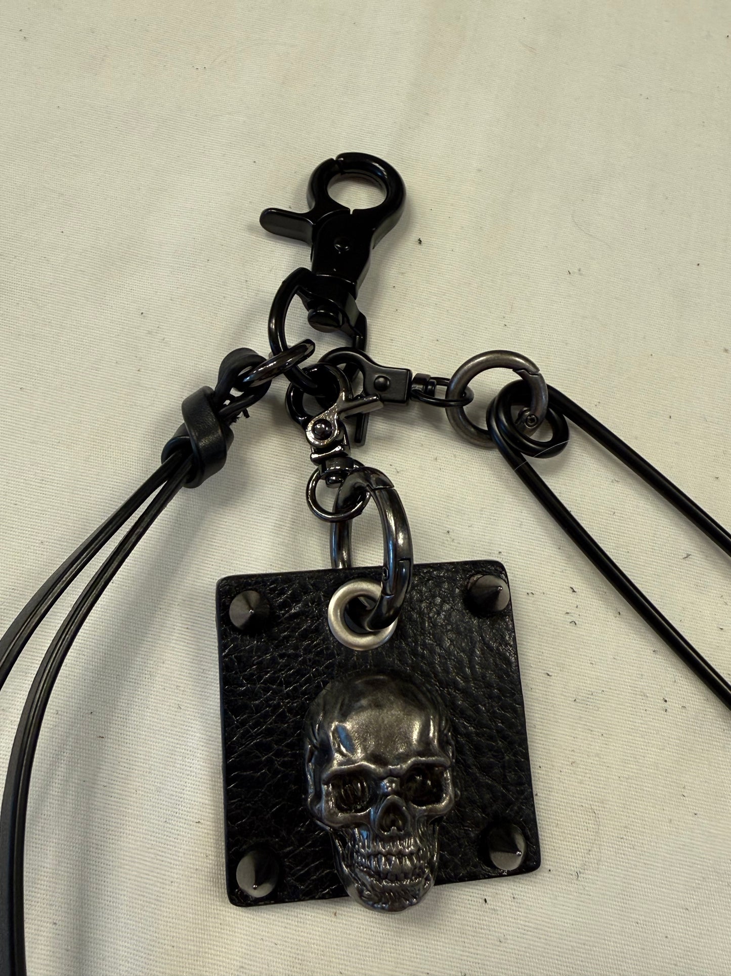 Upcrafted Bag Charm Cluster | Repurposed Leather Cord/Tassel, Skull Charm & XL Safety Pin