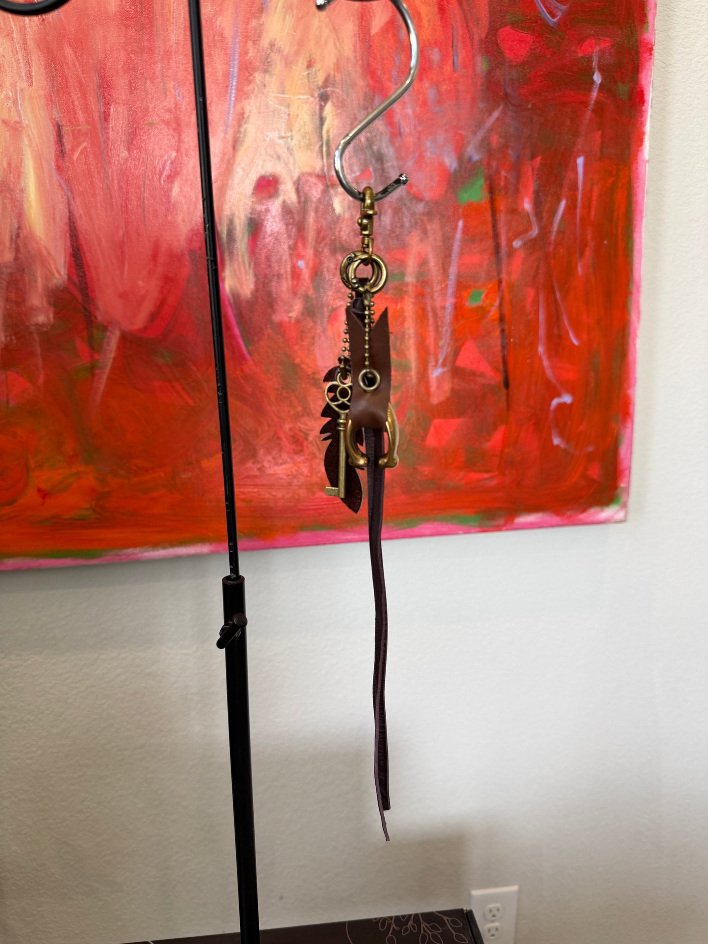 Upcrafted Bag Charm Cluster | Repurposed Coach Leather Tassel, Tic Tac Toe "C", Key & Leather Feather