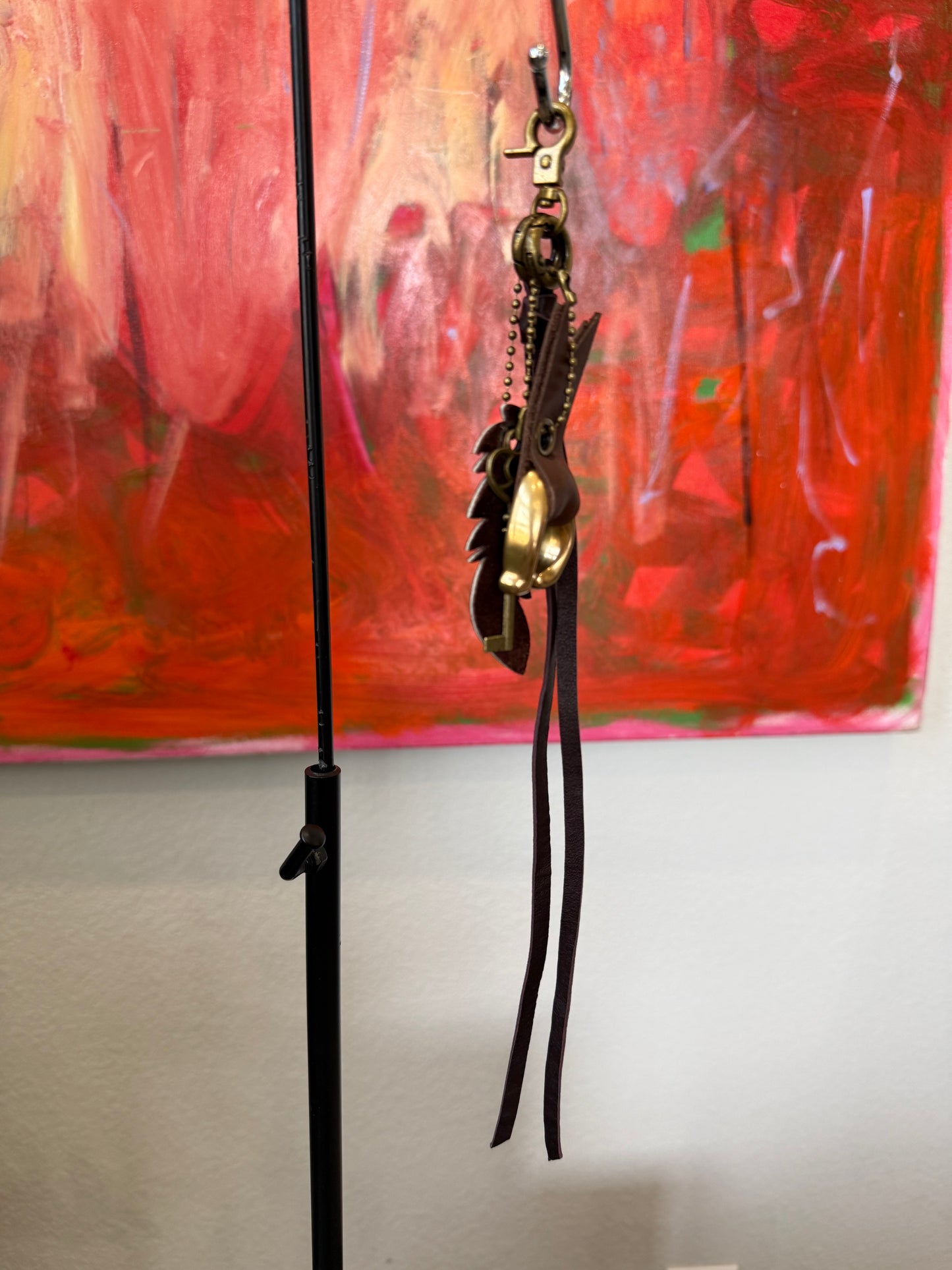 Upcrafted Bag Charm Cluster | Repurposed Coach Leather Tassel, Tic Tac Toe "C", Key & Leather Feather