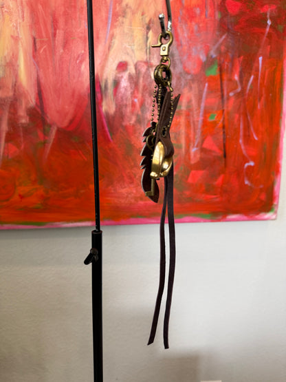 Upcrafted Bag Charm Cluster | Repurposed Coach Leather Tassel, Tic Tac Toe "C", Key & Leather Feather