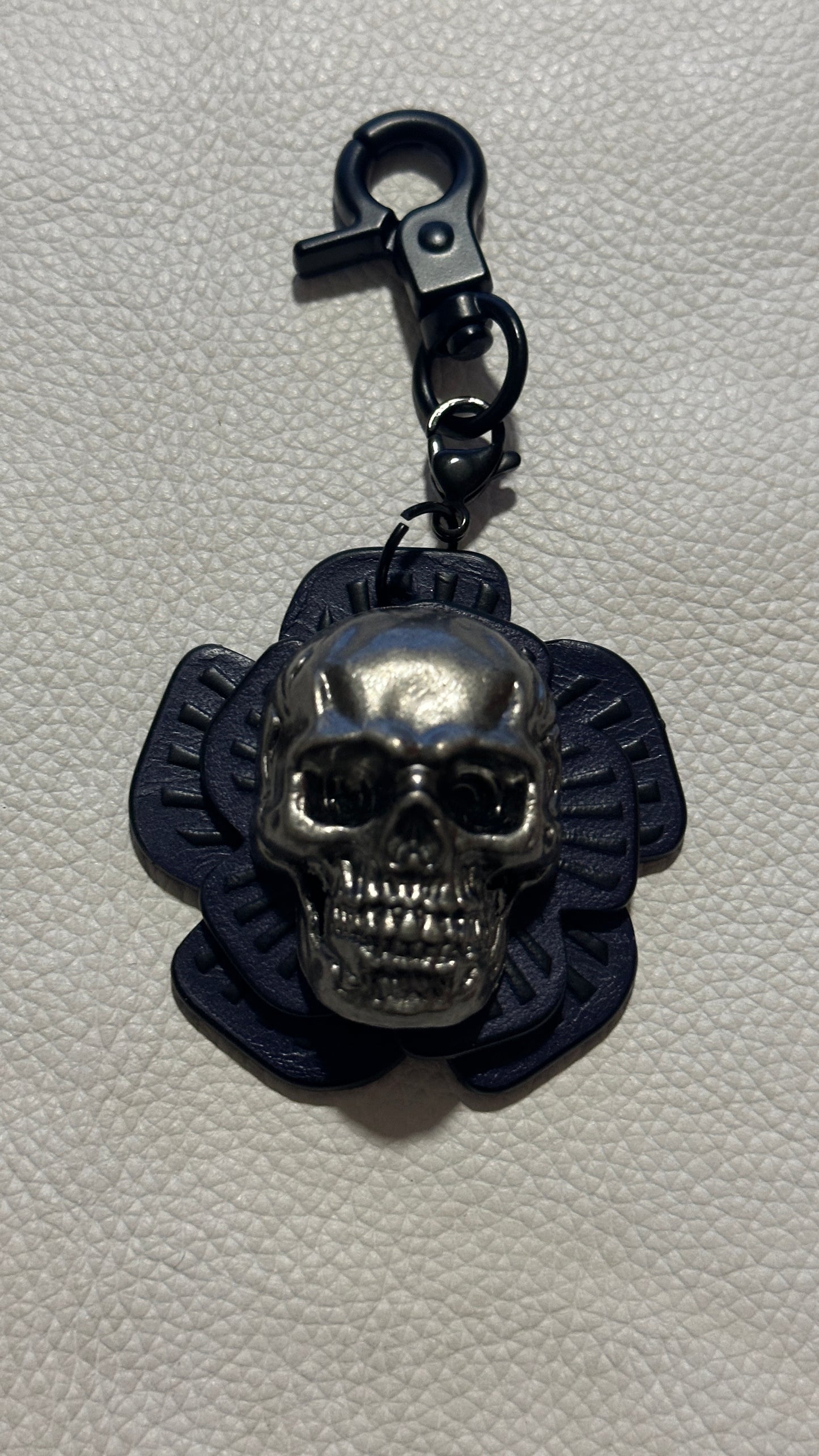 Handmade Repurposed Coach Leather Tea Rose Key Chain – Black & Purple | Skull Center | Black Hardware