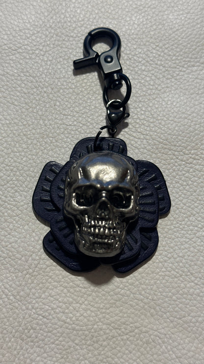 Handmade Repurposed Coach Leather Tea Rose Key Chain – Black & Purple | Skull Center | Black Hardware