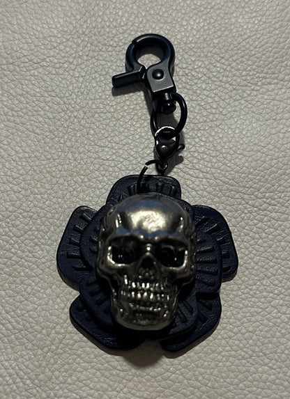 Handmade Repurposed Coach Leather Tea Rose Key Chain – Black & Purple | Skull Center | Black Hardware