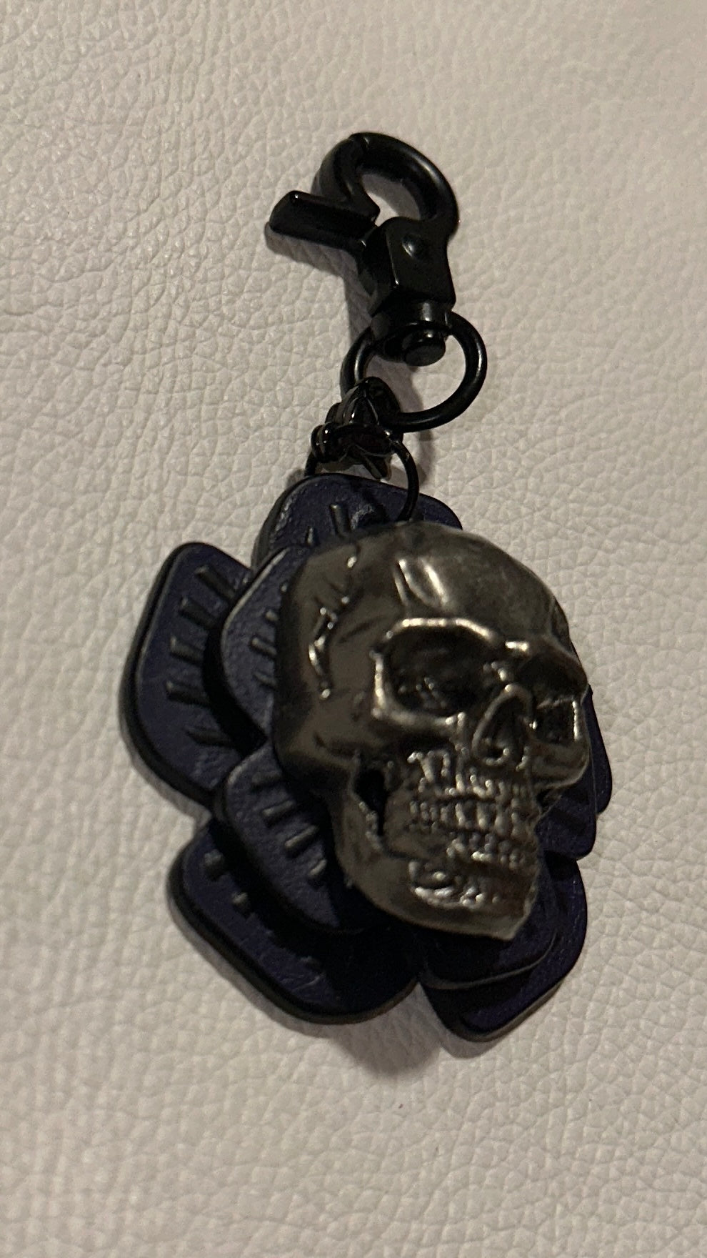 Handmade Repurposed Coach Leather Tea Rose Key Chain – Black & Purple | Skull Center | Black Hardware