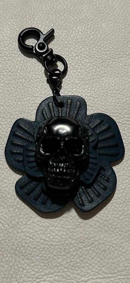 Handmade Repurposed Coach Leather Tea Rose Key Chain – Black & Blue | Skull Center | Black Hardware