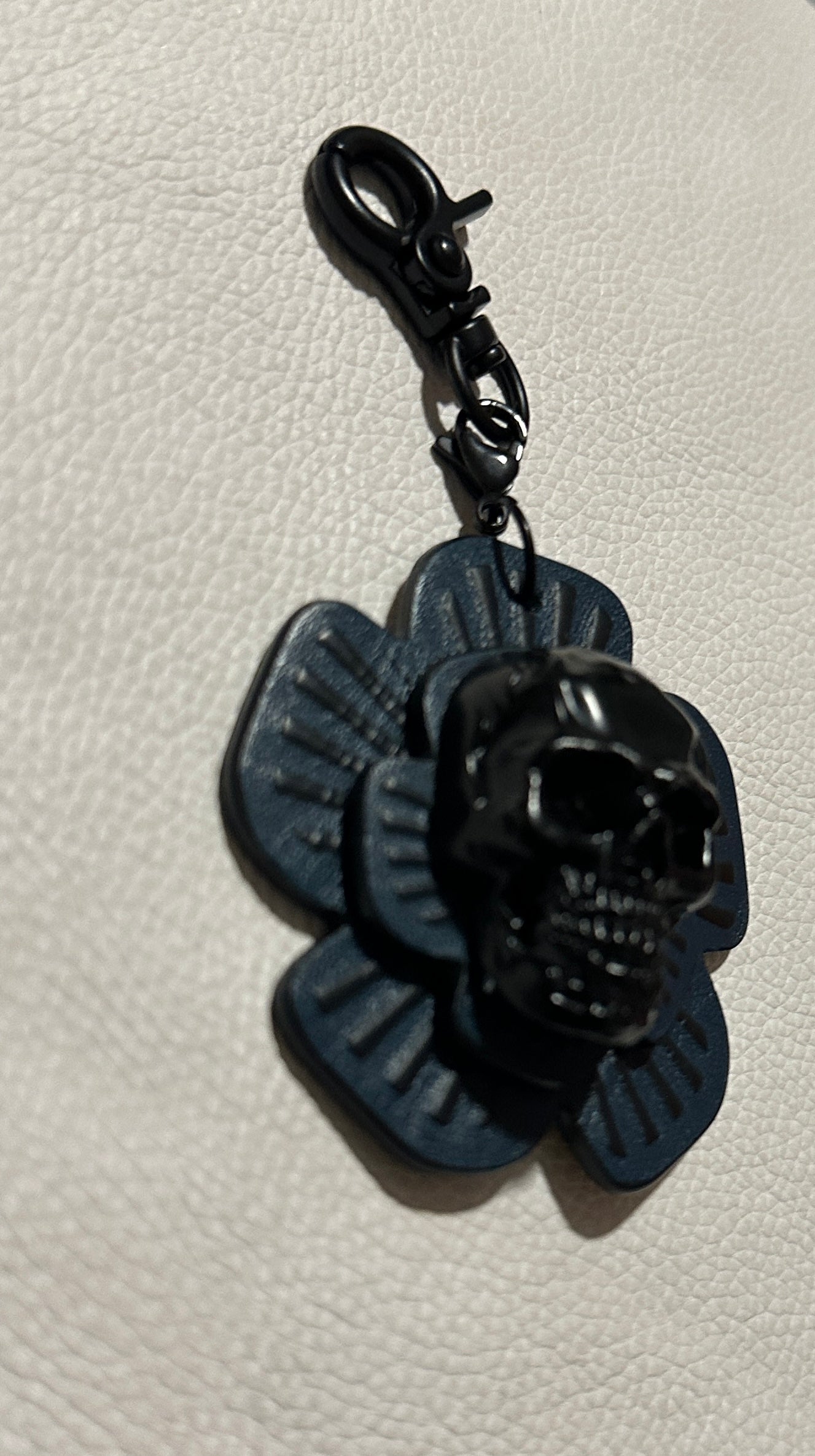 Handmade Repurposed Coach Leather Tea Rose Key Chain – Black & Blue | Skull Center | Black Hardware