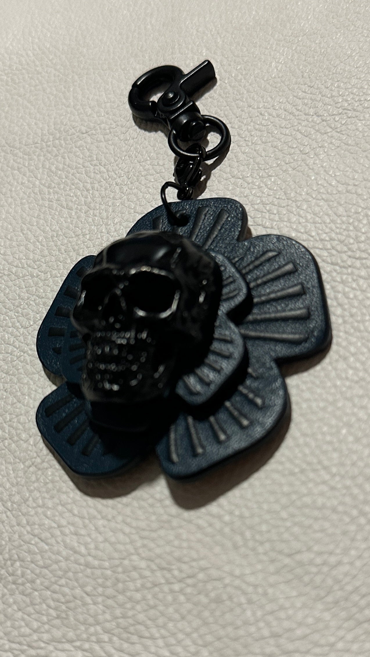 Handmade Repurposed Coach Leather Tea Rose Key Chain – Black & Blue | Skull Center | Black Hardware