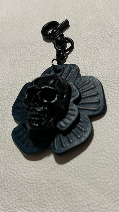 Handmade Repurposed Coach Leather Tea Rose Key Chain – Black & Blue | Skull Center | Black Hardware