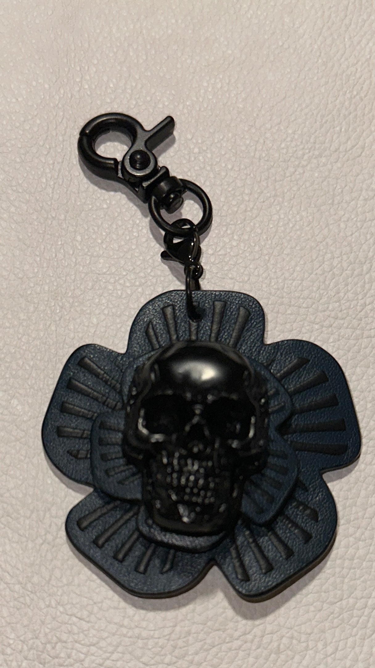 Handmade Repurposed Coach Leather Tea Rose Key Chain – Black & Blue | Skull Center | Black Hardware