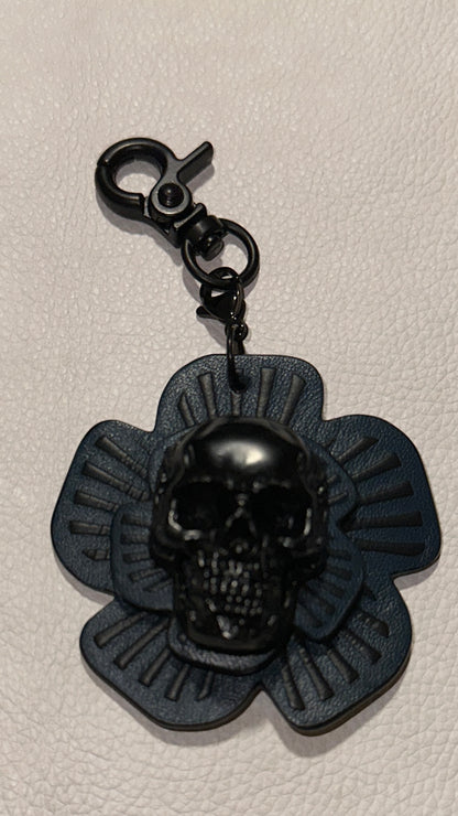 Handmade Repurposed Coach Leather Tea Rose Key Chain – Black & Blue | Skull Center | Black Hardware