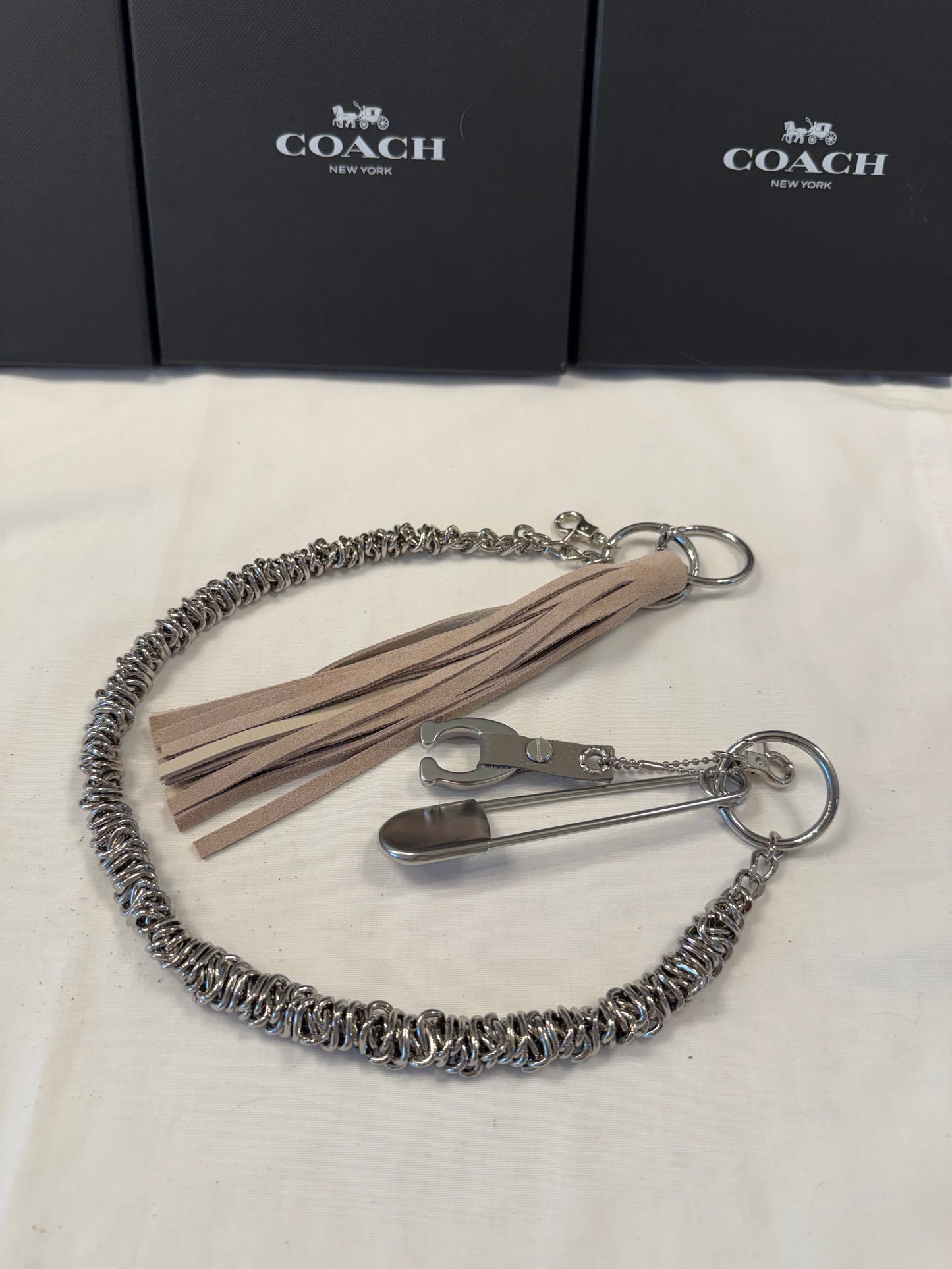 One-of-a-Kind Heavy Bag Chain with Upcrafted Coach Charm & Handcrafted Suede Tassel | Silver Tone Hardware