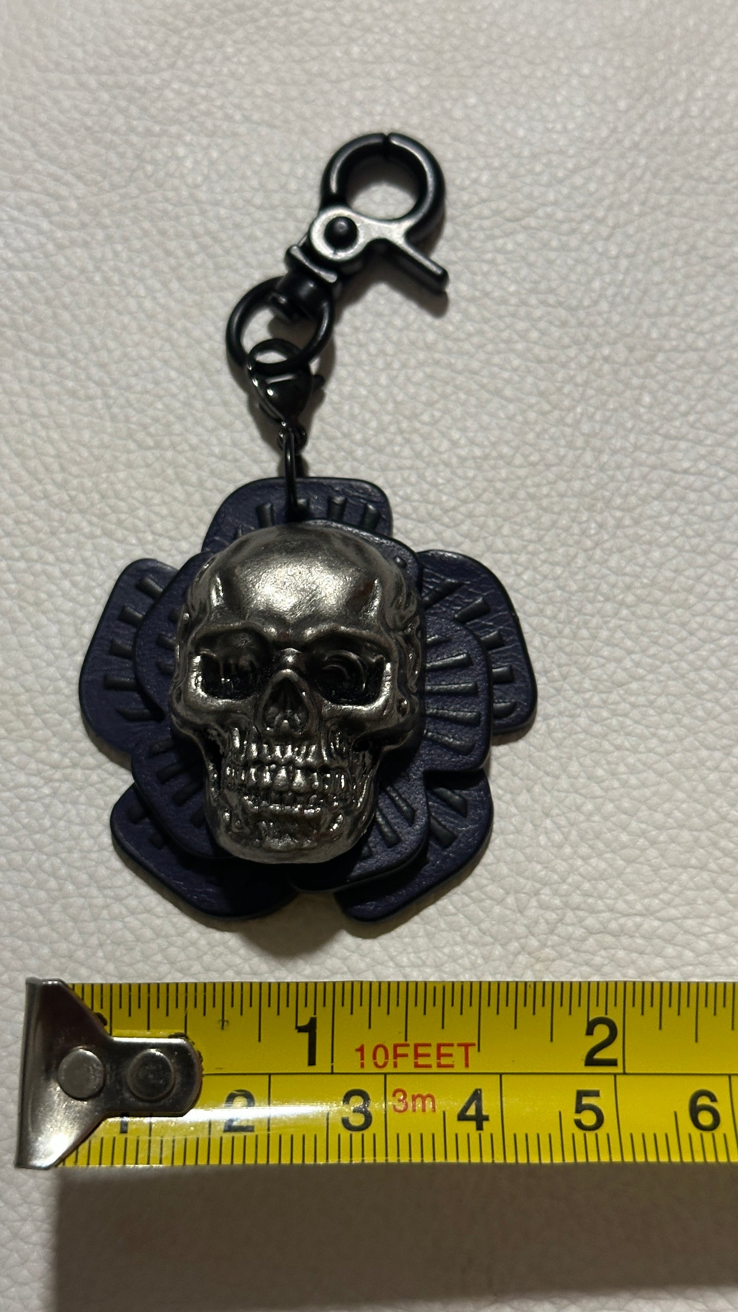 Handmade Repurposed Coach Leather Tea Rose Key Chain – Black & Purple | Skull Center | Black Hardware