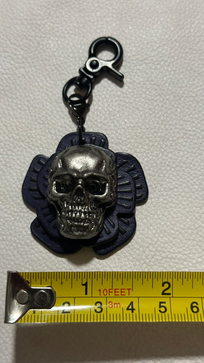 Handmade Repurposed Coach Leather Tea Rose Key Chain – Black & Purple | Skull Center | Black Hardware