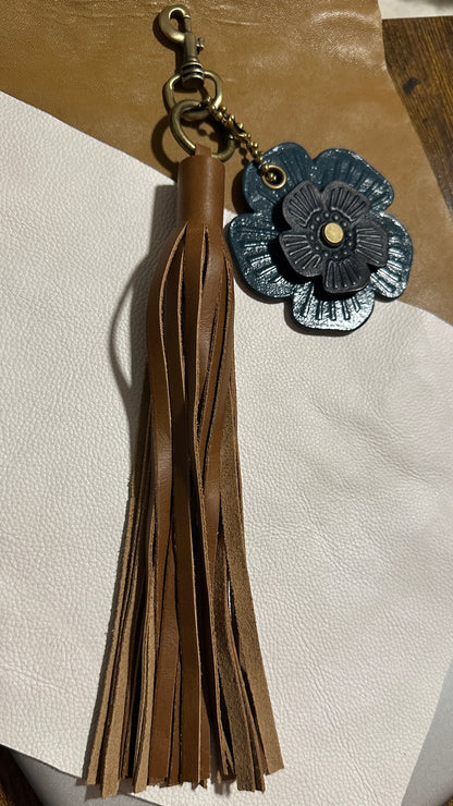 Light Brown Leather Tassel Bag Charm with Repurposed Coach Tea Roses – One of a Kind