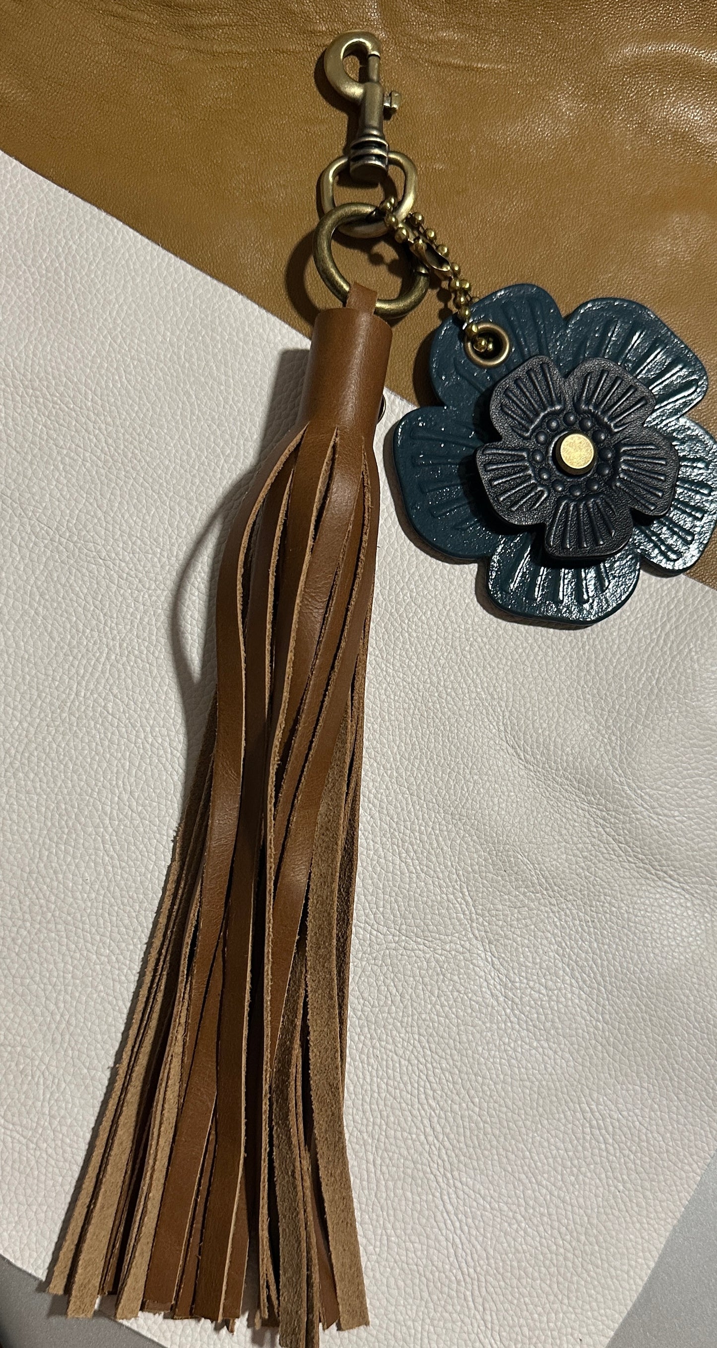 Light Brown Leather Tassel Bag Charm with Repurposed Coach Tea Roses – One of a Kind