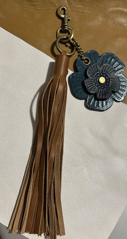 Light Brown Leather Tassel Bag Charm with Repurposed Coach Tea Roses – One of a Kind