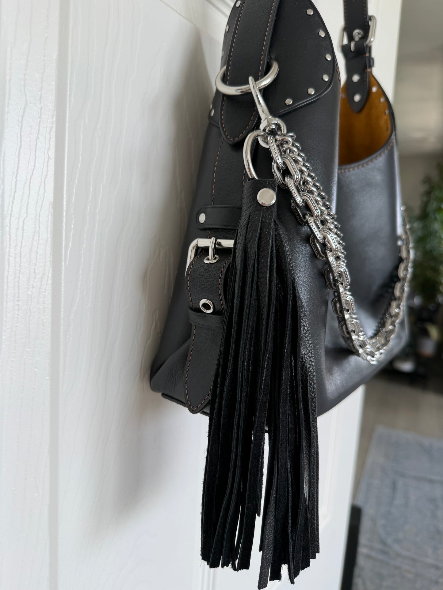 One-of-a-Kind Silver-Tone Three-Tier Bag Chain | Black Pebbled Leather Tassel, Ball Chain & XL Safety Pin