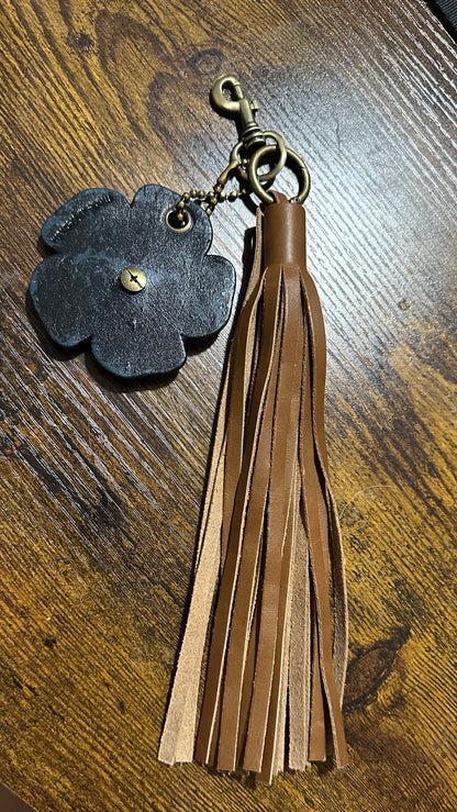 Light Brown Leather Tassel Bag Charm with Repurposed Coach Tea Roses – One of a Kind