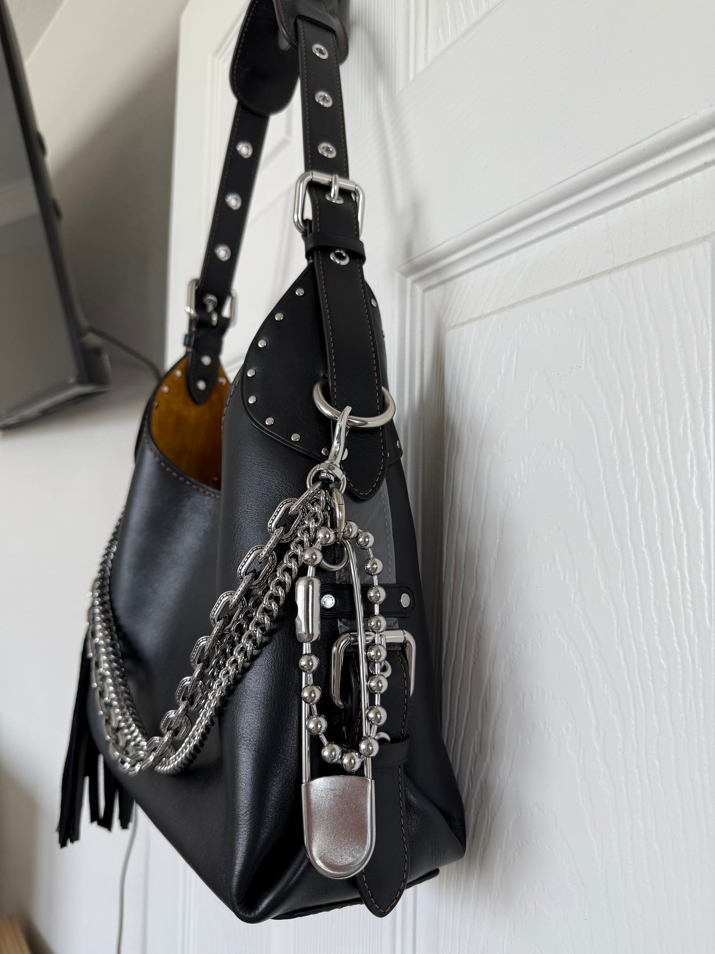 One-of-a-Kind Silver-Tone Three-Tier Bag Chain | Black Pebbled Leather Tassel, Ball Chain & XL Safety Pin