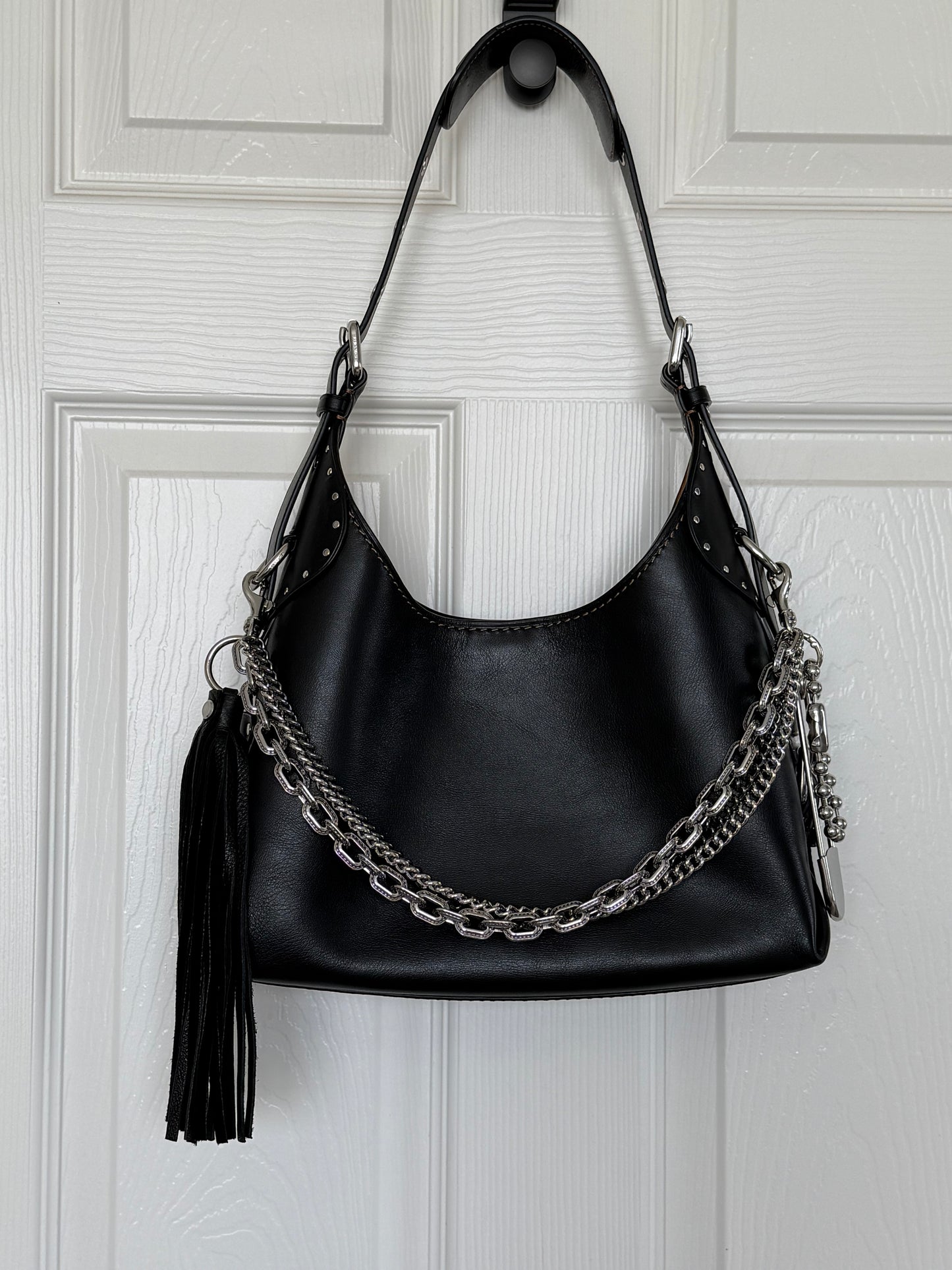 One-of-a-Kind Silver-Tone Three-Tier Bag Chain | Black Pebbled Leather Tassel, Ball Chain & XL Safety Pin