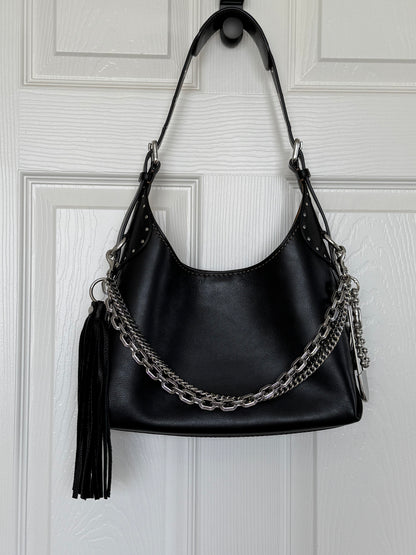 One-of-a-Kind Silver-Tone Three-Tier Bag Chain | Black Pebbled Leather Tassel, Ball Chain & XL Safety Pin