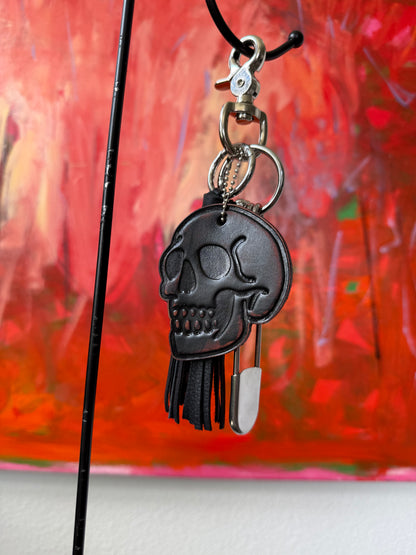 Ships 10.13.26 Bag Charm Cluster | Distressed KMM & Co. Leather Skull, Black Leather Tassel & Silver Hardware