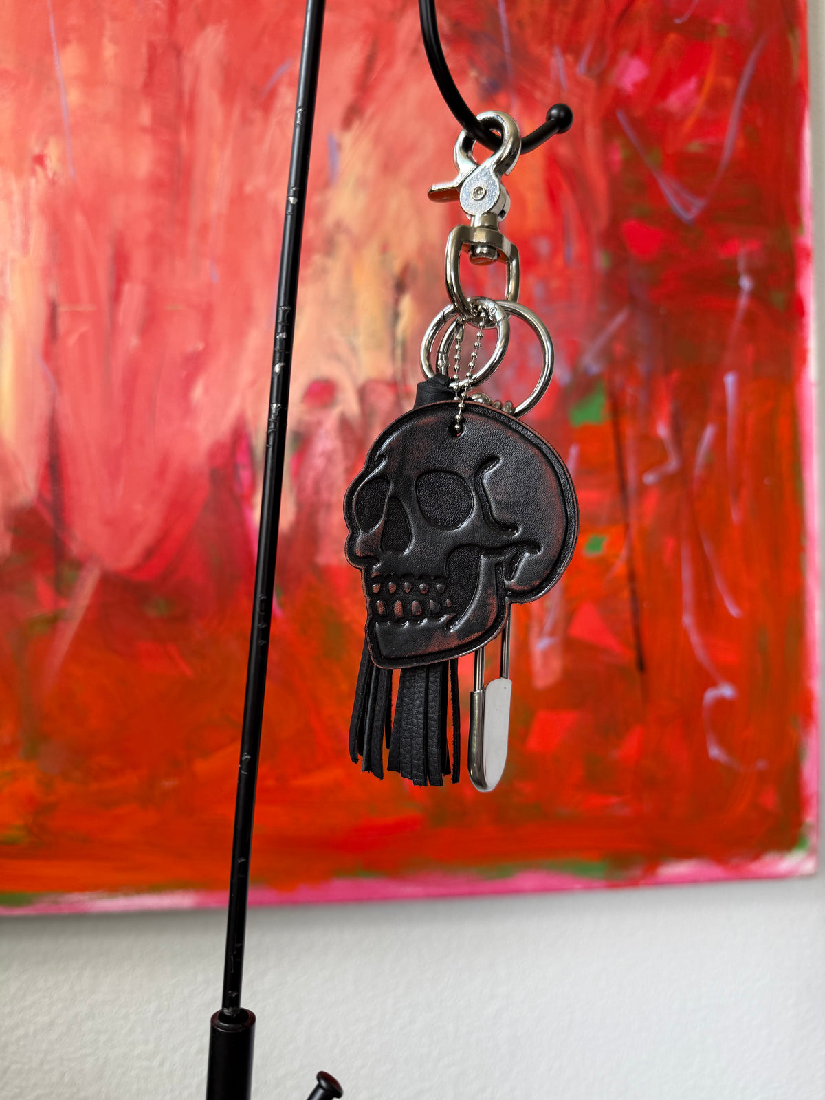 Ships 10.13.26 Bag Charm Cluster | Distressed KMM & Co. Leather Skull, Black Leather Tassel & Silver Hardware