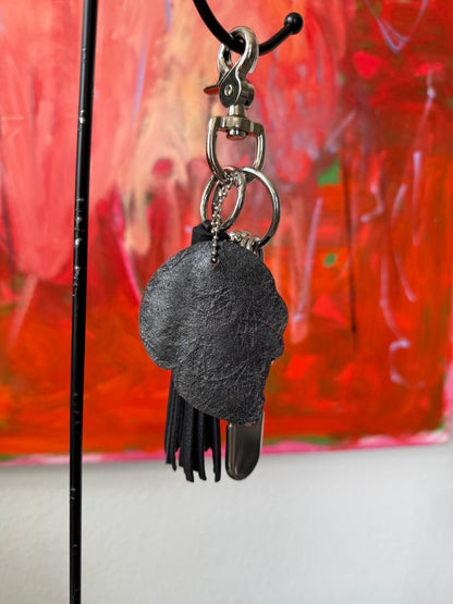 Ships 10.13.26 Bag Charm Cluster | Distressed KMM & Co. Leather Skull, Black Leather Tassel & Silver Hardware