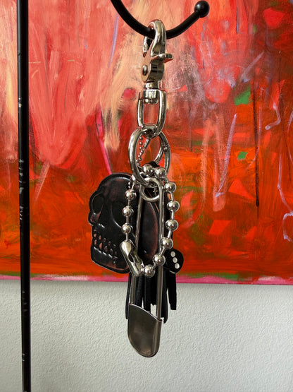 Ships 10.13.26 Bag Charm Cluster | Distressed KMM & Co. Leather Skull, Black Leather Tassel & Silver Hardware