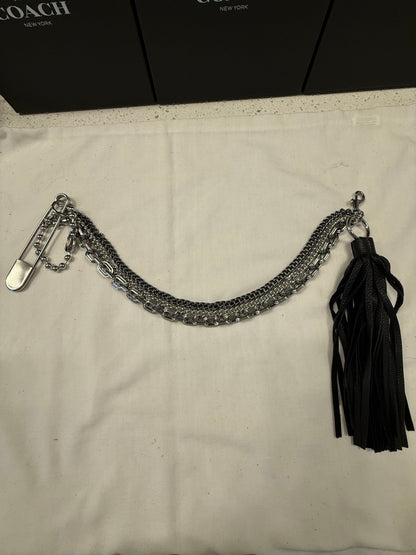 One-of-a-Kind Silver-Tone Three-Tier Bag Chain | Black Pebbled Leather Tassel, Ball Chain & XL Safety Pin