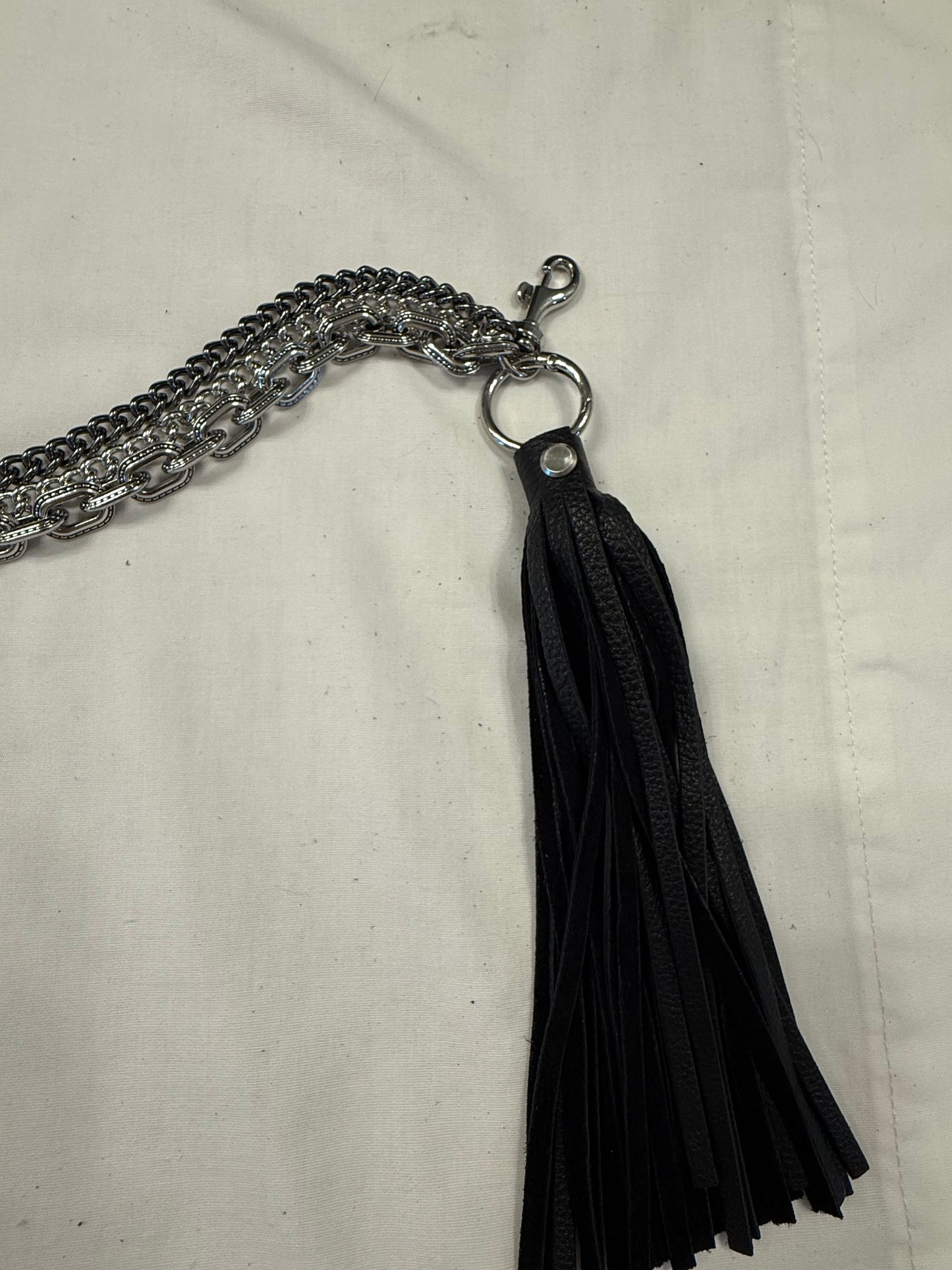 One-of-a-Kind Silver-Tone Three-Tier Bag Chain | Black Pebbled Leather Tassel, Ball Chain & XL Safety Pin